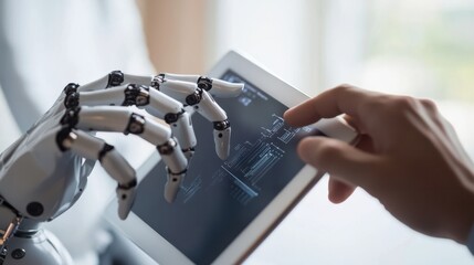 Engineers with digital tablet programming robotic arm in office