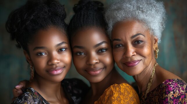 Family portrait of three generations of beautiful black women. Grandmother, daughter and granddaughter photo. Black woman day.