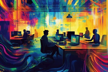 Dynamic abstract illustration of a modern startup office environment