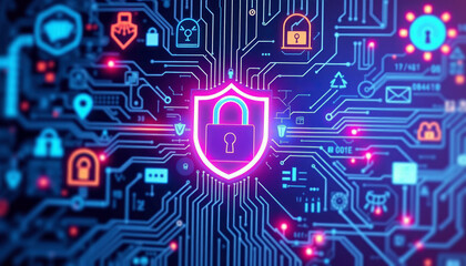 neon glowing padlock symbol at the center of a digital circuit board, symbolizing cybersecurity, data protection, and encryption. Perfect for illustrating concepts of online security and data privacy.