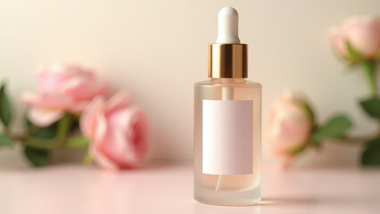 Naklejka premium A small bottle of skincare product with a dropper, set against a light pink background adorned with flowers.