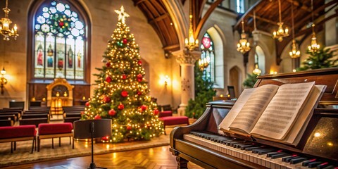 Obraz premium Christmas Choir Songs for Church - Festive Product Photography of Sheet Music, Instruments, and Decorations