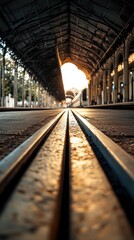 Train tracks leading to bright sunlight at train station