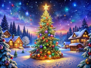 Christmas Coloring Page Night Photography with Festive Lights and Winter Scenery