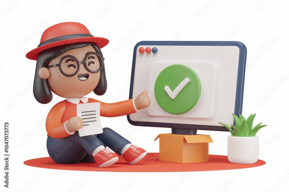 Poster a happy cartoon woman with a checklist points to a green checkmark on a computer screen.