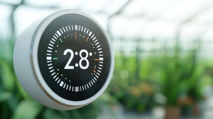 A modern thermostat displays a time and temperature within a green environment, emphasizing smart technology and home automation.