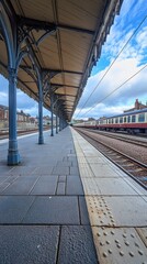 Empty train platform with a train waiting on a cloudy day