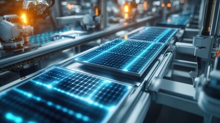 Large Production Line with Industrial Robot Arms at Modern Bright Factory. Solar Panels are being Assembled on Conveyor. Automated Manufacturing Facility