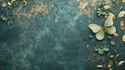Luxurious Golden Butterflies And Elegant Green Floral Wall Art – Nature-inspired Decorative Design, 3D Wallpaper With Copy Space Abstract Floral Background With Green Flowers And Golden Butterfly