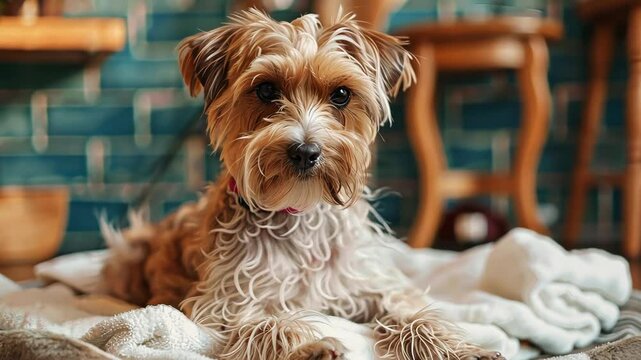 A small, brown and white dog is relaxing on a white blanket in a cozy home