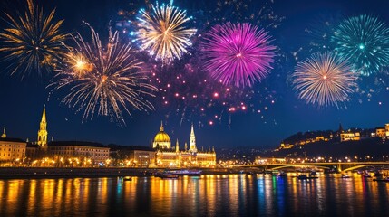 Fototapeta premium Fireworks exploding in vibrant colors over a European riverfront, providing plenty of room for text.