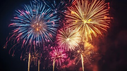 Obraz premium Fireworks in bright colors bursting across the dark sky, providing space for text or messaging below.