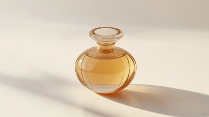 A delicate glass perfume bottle filled with amber liquid, elegantly reflecting light against a soft, neutral background.
