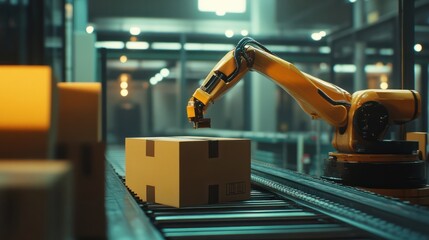 Fototapeta premium Robotic arm retrieving cardboard box from conveyor in warehouse storage facility