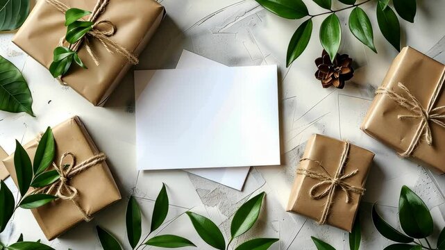 Brown packages wrapped in twine and green leaves are laid out on a white table