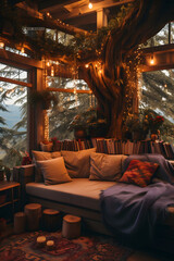 cozy treehouse apartment, treehouse, cozy treehouse, living in a treehouse interior