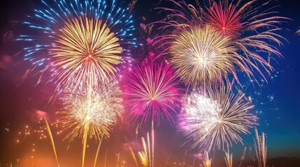 Fototapeta premium Multiple fireworks bursting across the night sky, leaving ample copy space below.