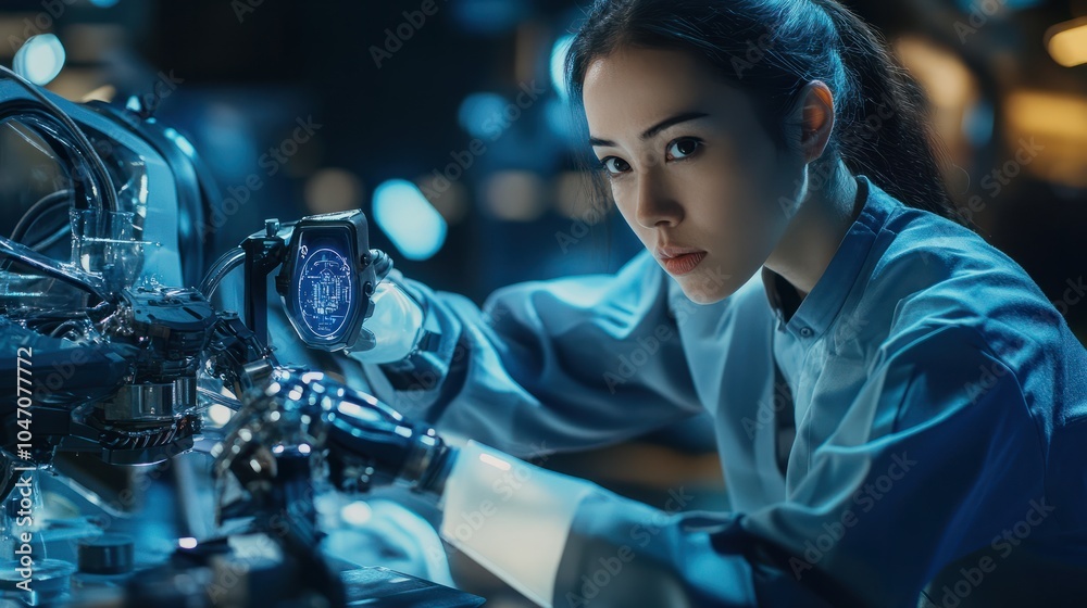 Poster robotic maintenance engineer working on robot arm connection and control using a remote control. sma