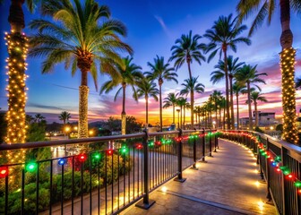 Fototapeta premium Christmas Lights on Palm Trees and Railings for Festive Decor