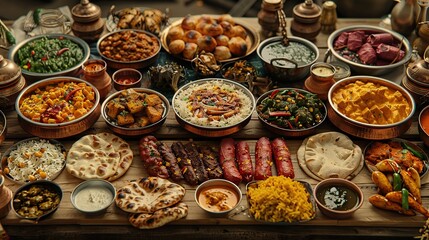 A table laden with a diverse spread of Indian food, including curries, rice, breads, and various other dishes.