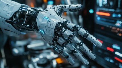 Robotics engineer adjusting, calibring robotic prosthetic hand. Concept of modern technology in medicine. Robotic prosthetics, biomechatronics and neuroscience.