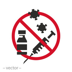 prohibition vaccination, vaccine covid19 forbidden, refuse injection with syringe, anti immunization, flat vector illustration