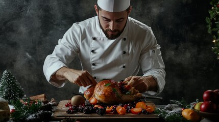 On the backdrop of a concrete wall, the cook bakes chicken with fruit for a holiday, such as Christmas or New Year's. Background information for the menu and recipe preparation