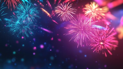 Fototapeta premium Vibrant fireworks bursting into the night sky, providing open space at the bottom for copy or designs