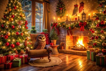 Obraz premium Christmas Owl Drawing in Cozy Architectural Setting with Warm Lights and Holiday Decor