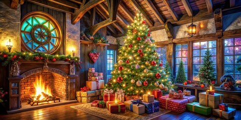 Fototapeta premium Christmas Package Tree in a Cozy Architectural Setting with Holiday Decor and Warm Lighting