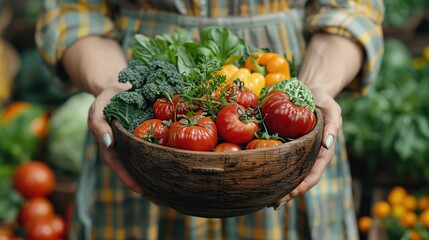 A woman's hands hold a wooden bowl overflowing with fresh, colorful vegetables.