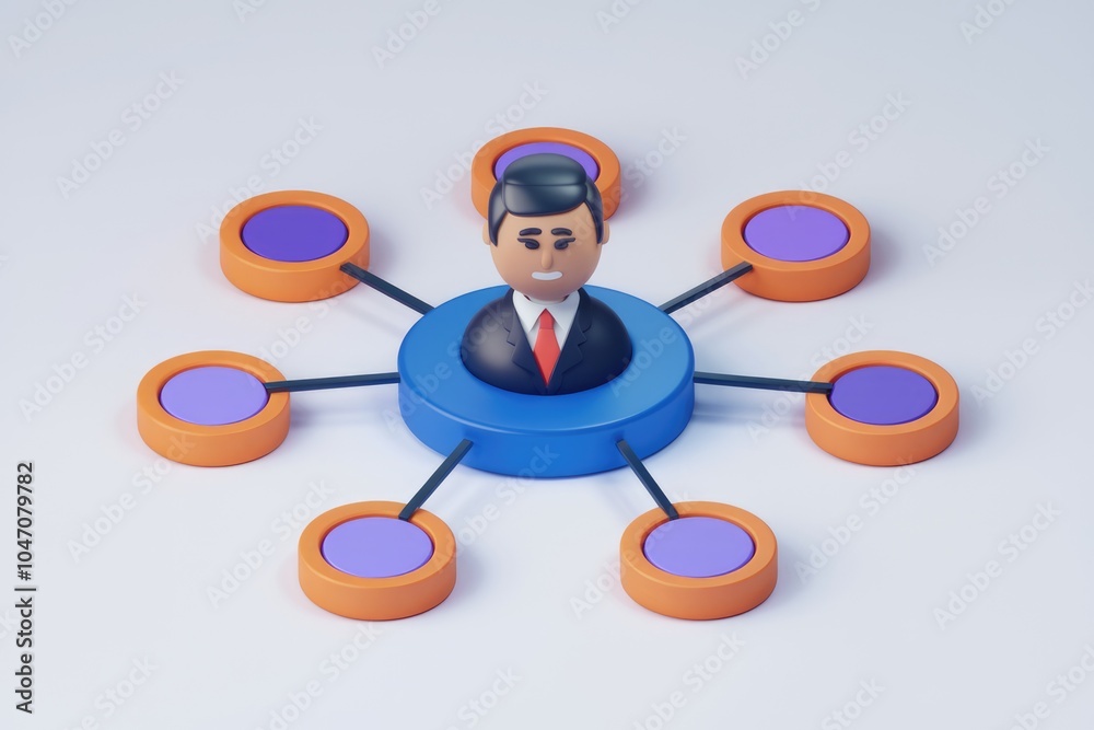 Aufkleber businessman connected to circles in 3d networking illustration.