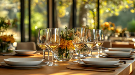 Table Setting with Wine Glasses and Yellow Flowers