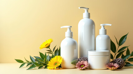 A collection of beauty products and flowers on a table.