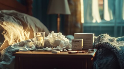 A cluttered nightstand with crumpled tissues, a box of tissues, medicine, and a glass of water. It sits next to a cozy bed with blankets, reflecting a comforting yet unwell atmosphere.