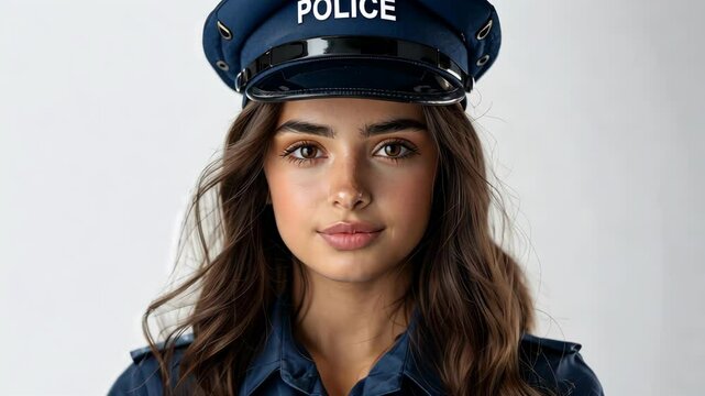 A young woman with long brown hair wears a police uniform and cap