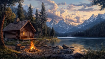 a log cabin sits next to a lake with a campfire in the foreground