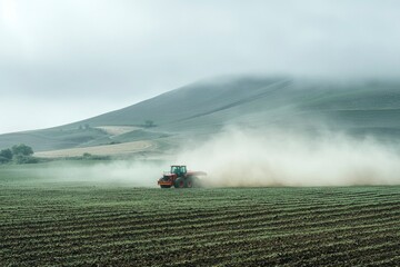 Fototapeta premium Tractor Spreading Fertilizer in Foggy Field