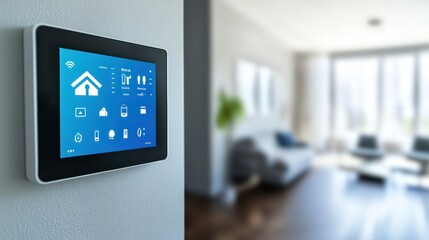 A sleek touchscreen control panel mounted on a contemporary wall in a smart home displays various home automation options, including lighting, security, and climate control. Generative AI