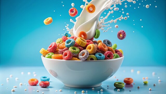 Colorful Cereal Splash in Milk - Vibrant Breakfast Scene