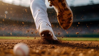 Capture the energetic moment of a batter running on a dirt field in a dynamic low angle shot, showcasing the action and excitement of the game under sunlight.