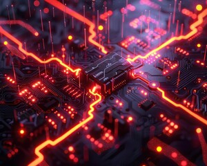 Obraz premium A vibrant depiction of a circuit board illuminated by glowing orange lines, representing data flow and technological connectivity.