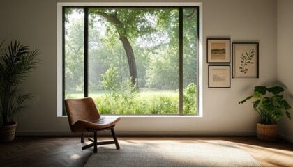 A modern living room featuring a large window that showcases a serene view of lush greenery. The bright interior creates a cozy and inviting atmosphere, perfect for relaxation.