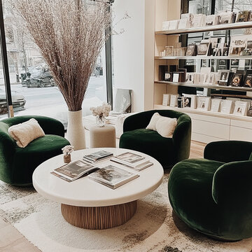 kith inspired store lounge with green accents and a nice round coffee table with magazine on top. akin to a aritzia