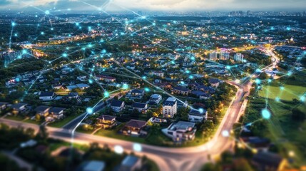 Fototapeta premium Aerial view of a smart city suburb featuring connected homes, green spaces, and advanced technology. AIG62
