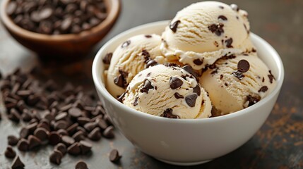 A white bowl filled with three scoops of vanilla ice cream with chocolate chips on top, next to a small bowl of chocolate chips.