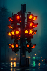 photo of traffic lights on a foggy night, traffic lights