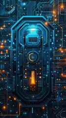 Fototapeta premium A futuristic digital lock embedded in a circuit board background, glowing with blue and orange light, representing cybersecurity and technology.
