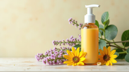 A bottle of yellow hand soap with a pump dispenser, surrounded by flowers and greenery on a wooden surface.