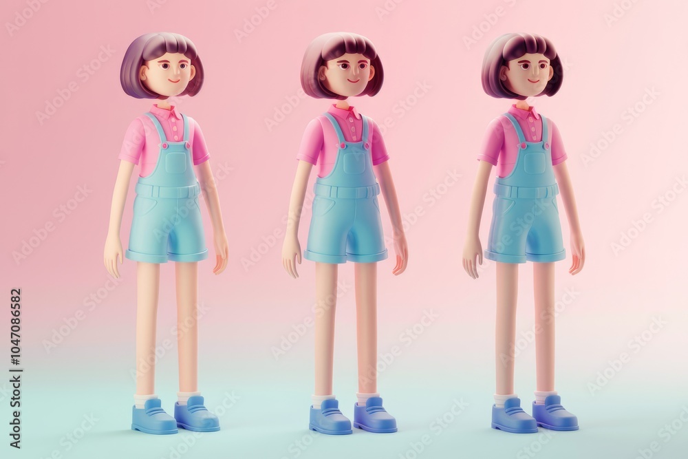 Poster three identical cartoon girls with missing heads standing in a row.